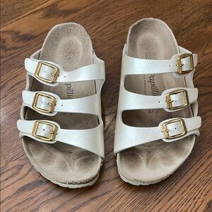 White Strappy Sandals with Gold Buckles